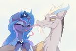  &lt;3 2016 antlers blue_fur blue_hair blush crown discord_(mlp) draconequus duo emale equine eyes_closed fangs feral friendship_is_magic fur hair hairhorn horn jewelry licking lyra-senpai male mammal my_little_pony necklace princess_luna_(mlp) simple_background tongue tongue_out white_background winged_unicorn wings 