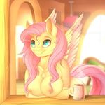  2016 absurd_res anthro anthrofied breasts cup equine evehly eyelashes feathered_wings feathers female fluttershy_(mlp) friendship_is_magic fur hair hi_res inside long_hair mammal my_little_pony nude pegasus pink_hair smile solo wings yellow_fur 