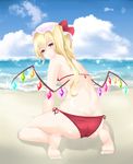  ass back bad_id bad_pixiv_id barefoot beach bikini blonde_hair blue_sky blush cloud crystal day flandre_scarlet from_behind full_body hat hat_ribbon highres looking_at_viewer looking_back mob_cap ocean outdoors red_bikini red_eyes ribbon sand side-tie_bikini side_ponytail sitting sky smile soles solo sparkle surota swimsuit touhou wariza wings 