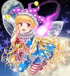  american_flag_dress american_flag_legwear blonde_hair clownpiece dress ear earth embellished_costume fairy_wings fire floating_hair frilled_hat frills hat highres jester_cap kuronohana long_hair looking_at_viewer moon neck_ruff open_mouth pantyhose petticoat polka_dot red_eyes short_dress smile solo space star striped striped_legwear teeth torch touhou v very_long_hair wavy_hair wings 