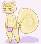  2016 animal_crossing anthro blonde_hair blush brown_eyes clothed clothing crossdressing fluffy fluffy_tail fluffyfrumples frown fur girly hair male mammal marshal_(animal_crossing) nintendo nipples panties rodent simple_background solo squirrel text trap_(disambiguation) underwear video_games white_background yellow_fur 