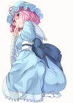  arm_garter ass bangs blue_bow blue_dress blue_hat blush bow closed_mouth dress drooling frilled_hat frilled_sleeves frills from_behind from_below full_body hair_between_eyes hand_to_own_mouth hat highres japanese_clothes kanzen_bouon long_sleeves looking_away mob_cap no_shoes pink_eyes pink_hair saigyouji_yuyuko saliva sash seiza short_hair simple_background sitting socks solo touhou triangular_headpiece white_background white_legwear wide_sleeves 