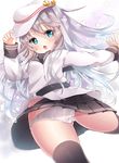  :o anchor_symbol ass_visible_through_thighs bangs belt black_legwear black_skirt blouse blue_eyes blurry blush breasts cameltoe depth_of_field eyebrows eyebrows_visible_through_hair flat_cap flower from_below hair_between_eyes hammer_and_sickle hand_up hat hat_tip hibiki_(kantai_collection) kantai_collection leg_lift long_hair long_sleeves looking_at_viewer looking_down miniskirt mintsu_(ichi--kun) open_mouth outstretched_arm panties pantyshot pleated_skirt school_uniform serafuku silver_hair simple_background skirt small_breasts solo star thighhighs underwear upskirt verniy_(kantai_collection) white_background white_blouse white_panties 