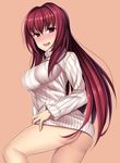 :d ass bangs bare_legs beeyan blush bottomless breasts eyebrows eyebrows_visible_through_hair fate/grand_order fate_(series) hair_between_eyes large_breasts lipstick long_hair long_sleeves looking_at_viewer makeup open_mouth red_eyes red_hair red_lips scathach_(fate)_(all) scathach_(fate/grand_order) simple_background smile solo sweater turtleneck white_sweater 