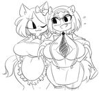  :3 anthro apron big_breasts black_and_white blush bow bow_tie breasts cat clothing duo eyewear feline female glasses graphiteknight hair huge_breasts mammal monochrome necktie one_eye_closed smile sugar_(gats) 