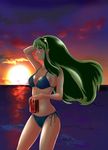  absurdres bikini blue_eyes blush breasts can eyeshadow green_hair highres holding holding_can horns long_hair lum makeup nanao_futaba navel ocean oni pointy_ears smile solo star sunset swimsuit urusei_yatsura wind 