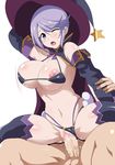  1girl ;o arm_up bare_shoulders bikini bikini_aside bikini_warriors black_bikini black_legwear blush bouncing_breasts bow bowtie breasts cape censored commentary_request detached_sleeves girl_on_top hat hera_(hara0742) hetero highres large_breasts lavender_eyes lavender_hair looking_at_viewer mage_(bikini_warriors) mosaic_censoring navel nipple_slip nipples one_eye_closed open_mouth penis purple_bow purple_neckwear reverse_cowgirl_position sex shiny shiny_skin short_hair solo_focus spread_legs star straddling string_bikini sweat swimsuit thighhighs underboob vaginal veins veiny_penis wince witch_hat 