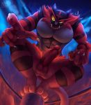  2019 anthro balls black_fur claws erection evil_grin fangs felid fighting_ring fur green_eyes grey_fur incineroar looking_at_viewer low-angle_view male mammal muscular muscular_male naughty_smile nintendo nude nurinaki open_mouth open_smile pantherine penis pok&eacute;mon pok&eacute;mon_(species) red_fur smile solo video_games 