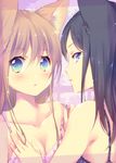  animal_ears black_hair blue_eyes breast_grab breasts brown_hair cat_ears chemise cleavage collarbone commentary_request ech grabbing long_hair looking_at_viewer looking_back multiple_girls original small_breasts strap_pull upper_body yuri 