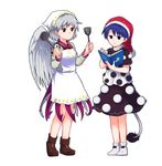  :3 apron blue_eyes blue_hair bow bowtie braid brown_footwear commentary_request cookbook crescent doremy_sweet dress english full_body grey_hair hat head_scarf kishin_sagume ladle long_sleeves multiple_girls nightcap pom_pom_(clothes) reading red_bow red_eyes red_neckwear shikushiku_(amamori_weekly) shoes short_hair simple_background single_wing socks spatula standing star tail tapir_tail touhou white_background white_legwear wings 