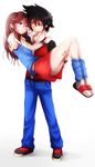  1girl :d black_hair black_shirt blue_(pokemon) blue_eyes blue_shirt blue_socks blush brown_hair denim holding jacket jeans pants pokemon pokemon_special princess_carry red_(pokemon) red_eyes red_jacket red_skirt smile wristbands 