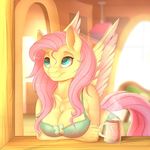  2016 absurd_res anthro anthrofied bra breasts cleavage clothed clothing cup equine evehly eyelashes feathered_wings feathers female fluttershy_(mlp) friendship_is_magic fur hair hi_res inside long_hair mammal my_little_pony panties pegasus pink_hair smile solo underwear wings yellow_feathers yellow_fur 
