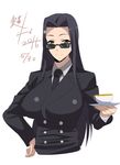 2016 bad_id bad_pixiv_id black_hair breasts brown_eyes cup dated formal hand_on_hip highres kagiyama_(gen'ei_no_hasha) large_breasts long_hair monster_musume_no_iru_nichijou ms._smith necktie signature simple_background smile solo suit sunglasses teacup white_background 