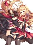  :d arm_warmers bad_id bad_pixiv_id belt black_legwear blonde_hair blush book cagliostro_(granblue_fantasy) cape cowboy_shot gem granblue_fantasy hairband head_tilt holding holding_book homaderi leaning_to_the_side liquid long_hair looking_at_viewer open_book open_mouth outstretched_arm purple_eyes red_cape red_skirt ruby_(stone) shirt skindentation skirt smile solo sphere spiked_hairband spikes standing test_tube thighhighs white_shirt zettai_ryouiki 