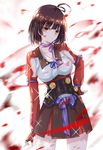  black_gloves black_hair fingerless_gloves gloves hair_ornament hand_on_hip koutetsujou_no_kabaneri looking_at_viewer mumei_(kabaneri) red_eyes sayo short_hair skirt solo 