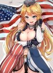  absurdres american_flag black_panties blonde_hair blue_eyes breasts cleavage elbow_gloves fingerless_gloves garter_straps gloves headgear highres iowa_(kantai_collection) kantai_collection knees_together_feet_apart large_breasts long_hair looking_at_viewer maki_(maki_pei) navel open_mouth panties smile solo star star-shaped_pupils symbol-shaped_pupils thighhighs underwear 