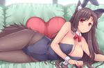  animal_ears bare_arms blush bow bowtie breasts brown_hair brown_legwear bunny_ears bunnysuit cleavage couch detached_collar fake_animal_ears fingernails hasu_(hk_works) heart heart_pillow highleg imaizumi_kagerou large_breasts long_fingernails long_hair looking_at_viewer lying nail_polish on_side open_mouth pantyhose pillow red_eyes solo tail touhou wolf_ears wolf_tail wrist_cuffs 