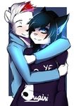  anthro canine clothed clothing duo eyes_closed feline female hug looking_at_viewer male male/female mammal naomy one_eye_closed simple_background smile 