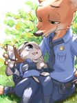  bunny disney eye_contact fox furry judy_hopps looking looking_at_another looking_at_each_other lying lying_on_lap nick_wilde no_humans outdoors pointing police police_uniform smartphone uniform zootopia 