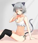 animal_ears aqua_eyes arm_support bomb_(wooooof) breasts cat_ears cat_tail looking_at_viewer navel nipple_slip nipples one_eye_closed panties rubbing_eyes sanya_v_litvyak short_hair side-tie_panties silver_hair sitting small_breasts solo strike_witches tail thighhighs underwear world_witches_series 