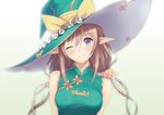  bare_shoulders blush bow breasts brown_hair china_dress chinese_clothes dress drill_hair frilled_hat frills gradient gradient_background green_dress hat hat_bow highres long_hair long_pointy_ears looking_at_viewer low_twintails medium_breasts official_art one_eye_closed pointy_ears purple_eyes ribbon rinna_mayfield scrunchie shining_(series) shining_resonance sidelocks smile solo tanaka_takayuki turtleneck twin_drills twintails upper_body witch witch_hat 
