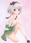  bangs black_ribbon blush breasts covering covering_breasts full_body green_eyes green_skirt hair_ribbon highres konpaku_youmu looking_at_viewer manatsuki_manata medium_breasts ribbon shirt shoes short_hair silver_hair skirt socks solo torn_clothes torn_shirt torn_skirt touhou wavy_mouth white_legwear white_shirt 