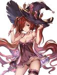  77gl anna_(granblue_fantasy) areolae babydoll bad_id bad_pixiv_id bare_arms breasts candle cleavage cowboy_shot granblue_fantasy hair_over_one_eye hat hat_ornament hat_tug leg_garter lingerie long_hair looking_at_viewer medium_breasts off_shoulder panties red_hair ribbon see-through solo strap_slip stuffed_animal stuffed_cat stuffed_toy thighs twintails underwear very_long_hair witch_hat wrist_ribbon 
