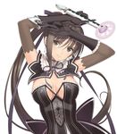  arms_up black_gloves black_hair bow breasts breasts_apart brown_eyes brown_hair cleavage collar detached_collar dress earrings elbow_gloves frilled_shirt_collar frills gloves hair_ribbon highres jewelry large_breasts long_hair magic_circle maxima_enfield official_art ponytail purple_ribbon ribbon shining_(series) shining_hearts sidelocks solo tanaka_takayuki upper_body 