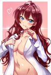  :3 ahoge blue_eyes blush breasts brown_hair cleavage greave_(asterism) heart ichinose_shiki idolmaster idolmaster_cinderella_girls labcoat large_breasts long_hair looking_at_viewer naked_labcoat navel open_clothes smile solo 