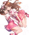  ahoge black_hair blush breasts brown_eyes brown_hair highres holding_hands idolmaster idolmaster_cinderella_girls kohinata_miho long_hair looking_at_viewer medium_breasts midriff multiple_girls navel oshiri_(12764076) pink_check_school shimamura_uzuki short_hair sketch smile 