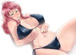  abs bikini blush breasts collarbone curvy feldt_grace green_eyes gundam gundam_00 huge_breasts long_hair looking_at_viewer lying navel ogura_anko on_back parted_lips pink_hair ponytail solo swimsuit wide_hips 