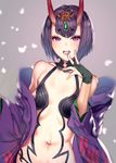  bangs bare_shoulders eyebrows eyebrows_visible_through_hair fate/grand_order fate_(series) fingerless_gloves gloves hair_ornament highres hiyashi_yaki horns japanese_clothes kimono looking_at_viewer navel oni oni_horns open_mouth purple_eyes purple_hair short_hair shuten_douji_(fate/grand_order) sketch solo 
