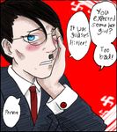  adolf_hitler black_suit blush collared_shirt commentary dress_shirt english english_commentary facial_hair formal glasses imageboard krautchan long_sleeves male_focus meme mustache necktie one_eye_closed practical-hetalia real_life red_background red_neckwear shirt simple_background solo speech_bubble suit swastika too_bad!_it_was_just_me! upper_body white_shirt wing_collar 