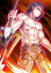  abs black_hair fire greatsword highres imada_kozue looking_at_viewer male_focus muscle original red_eyes scar shirtless solo sword weapon 