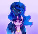  2016 crown duo equine feathered_wings feathers female feral friendship_is_magic fur hair hi_res horn jewelry looking_at_viewer lyra-senpai mammal multicolored_hair my_little_pony necklace pink_background princess_luna_(mlp) purple_eyes purple_fur simple_background smile twilight_sparkle_(mlp) unicorn winged_unicorn wings 