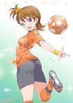  \m/ ass ball blush brown_eyes brown_hair cleats from_behind futami_ami hair_bobbles hair_ornament highres idolmaster idolmaster_(classic) inoue_sora j._league kneehighs looking_at_viewer looking_back omiya_ardija open_mouth orange_legwear short_hair shorts side_ponytail signature smile soccer soccer_ball soccer_uniform solo sportswear wristband 