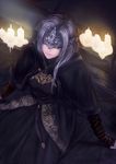  backlighting black_cape blindfold breastplate breasts candle cape capelet cloak cowboy_shot dark_souls_iii dress facing_viewer fire_keeper head_tilt headband headpiece jewelry large_breasts lips long_hair mask necklace solo souls_(from_software) standing white_hair ytoy 