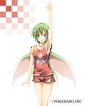  :o arm_up armpits blue_eyes blush breasts cleavage_cutout collarbone commentary_request copyright_name cowboy_shot fairy_wings flask_(pandora) green_hair looking_at_viewer makai_gakuen_catastrophe medium_breasts official_art open_mouth original pointy_ears red_shirt shirt short_hair short_shorts shorts side_slit sideboob sleeveless solo thigh_gap v-shaped_eyebrows wings 