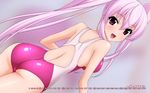  ass calendar_(medium) competition_swimsuit from_behind highres june long_hair looking_at_viewer looking_back one-piece_swimsuit original pink_hair pink_swimsuit purple_eyes solo sugimura_tomokazu swimsuit twintails 