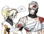  1girl ars bandaged_arm bandages blonde_hair blood blood_on_face bloodshot_eyes bloody_bandages blush closed_eyes crying facial_scar korean lillu mercy_(overwatch) no_mask overwatch ponytail sad scar short_hair silver_hair simple_background sketch soldier:_76_(overwatch) tears translated trembling white_background 
