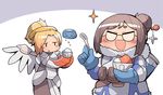  :d armor bad_id bad_twitter_id bangs beads belt blonde_hair bowl brown_hair chibi commentary food glasses gloves hair_bun hair_ornament hair_stick halo kakuzatou_(koruneriusu) mei_(overwatch) mercy_(overwatch) multiple_girls mundane_utility opaque_glasses open_mouth overwatch parka ponytail shaved_ice single_wing smile sparkle spoon utility_belt wings 