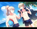  abs alternate_costume artist_name ball beach blonde_hair blush cape cloud day fire_emblem fire_emblem_if fuzuki_yuu leon_(fire_emblem_if) long_hair multiple_boys open_mouth outdoors ponytail red_eyes shirtless sky sparkle swimsuit takumi_(fire_emblem_if) teeth water 