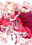  beatrice_(re:zero) blonde_hair blue_eyes book bow capelet crown dress drill_hair fur_trim hair_ribbon hizuki_miya long_dress long_hair long_sleeves looking_at_viewer mini_crown pantyhose re:zero_kara_hajimeru_isekai_seikatsu red_dress ribbon sidelocks solo standing striped striped_legwear symbol-shaped_pupils twin_drills twintails 