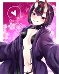  :q black_hair blush fate/grand_order fate_(series) heart horns japanese_clothes kimono licking_lips midriff nappa_(mukudoku6996) navel oni oni_horns purple_eyes short_hair shuten_douji_(fate/grand_order) solo spoken_heart tongue tongue_out 