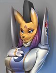 2016 anthro big_breasts black_sclera blue_eyes breasts bust_portrait canine clothed clothing digimon doomthewolf english_text facial_markings female fox fur grey_background half-closed_eyes hand_on_breast hi_res huge_breasts looking_at_viewer mammal markings nipple_bulge portrait purple_markings simple_background smile solo taomon text white_fur yellow_fur 
