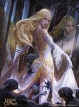  bangs blonde_hair blue_eyes breasts commentary demon different_reflection dress elbow_gloves familiar fantasy gloves kilart legend_of_the_cryptids long_hair medium_breasts mirror parted_bangs reflection solo_focus thighhighs white_dress white_gloves white_legwear 