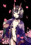  alcohol black_hair cherry_blossoms cup fate/grand_order fate_(series) greatpengh highres horns japanese_clothes kimono midriff navel oni oni_horns petals purple_eyes sakazuki sake short_hair shuten_douji_(fate/grand_order) solo 