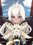  ahoge animal animal_hug bad_id bad_pixiv_id bare_shoulders blush carbuncle_(granblue_fantasy) cloud dark_skin day fingerless_gloves from_above gloves granblue_fantasy jewelry long_hair looking_at_viewer open_mouth red_eyes rotamo sky smile upper_body white_hair zooey_(granblue_fantasy) 