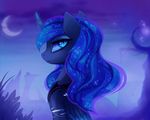  2016 blue_eyes blue_feathers blue_fur blue_hair cloud equine feathered_wings feathers female feral friendship_is_magic frown fur hair horn jewelry landscape looking_at_viewer lyra-senpai mammal moon my_little_pony necklace outside princess_luna_(mlp) ruins sky solo winged_unicorn wings 