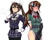  ashigara_(kantai_collection) ashigara_(kantai_collection)_(cosplay) belt black_gloves blush breasts brown_eyes brown_hair buttons cosplay costume_switch elbow_gloves gloves hair_between_eyes hair_ribbon hairband hand_on_hip horned_headwear jacket kamotama kantai_collection long_hair long_sleeves looking_at_viewer looking_to_the_side medium_breasts multiple_girls pelvic_curtain remodel_(kantai_collection) ribbon side_slit simple_background single_elbow_glove single_glove skirt skirt_tug smile sweatdrop thighs tone_(kantai_collection) tone_(kantai_collection)_(cosplay) twintails uniform wavy_hair white_background white_gloves white_ribbon 